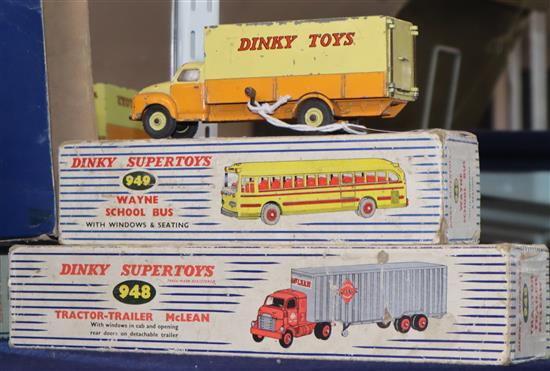Dinky Supertoys Wayne School Bus 949 A tractor trailer Mclean 948 (boxed) and a Dinky Supertoys Bedford Pallet Jekta Van 930,